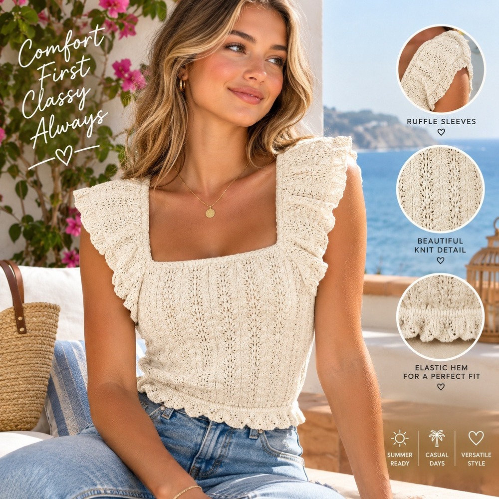 Freshman 1996 Cream Pointelle Knit Ruffle Flutter Sleeve Top XS
